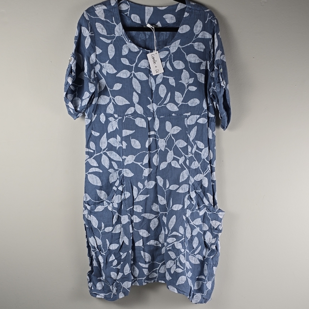 New Camille & Co. Linen chambray style flowy dress leaf print Dress